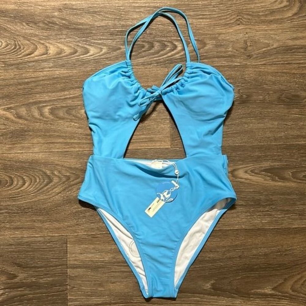 NEW Cupshe Medium Paluma Falls One Piece Swim Wear Cutout Back Bathing Suit Blue